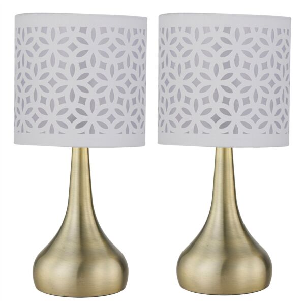 Set of 2 Romana - Antique Brass Touch Table Lamps White Cut Out Shade