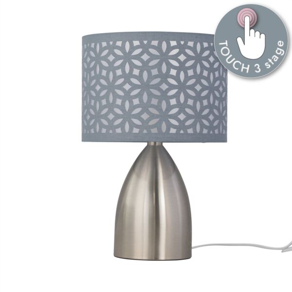 Valentina - Brushed Chrome Touch Lamp with Grey Cut Out Shade