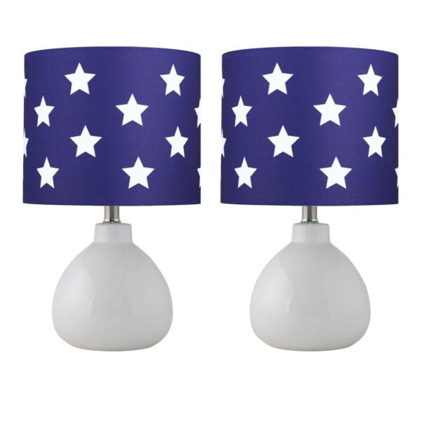 Set of 2 Tuscan - White Ceramic Lamps with Blue & White Stars Shade