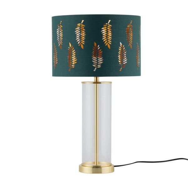 Aura - Satin Brass Table Lamp with Green Fern Cut Out Silver Shade