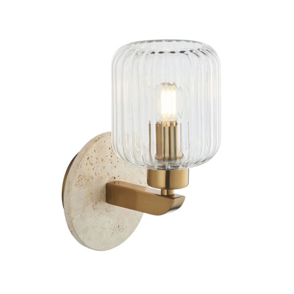 Endon Lighting - Travi - 120668 - Vintage Brass Beige Marble Clear Ribbed Glass Wall Light