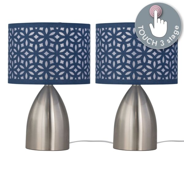 Set of 2 Valentina - Brushed Chrome Touch Lamps with Navy Blue Cut Out Shades