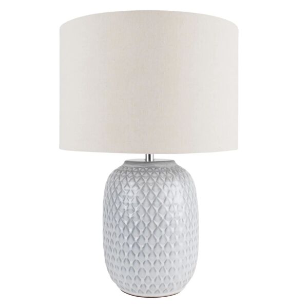 Reactive Glazed Textured Grey Ceramic Table Light with Natural Linen Cylinder Fabric Shade