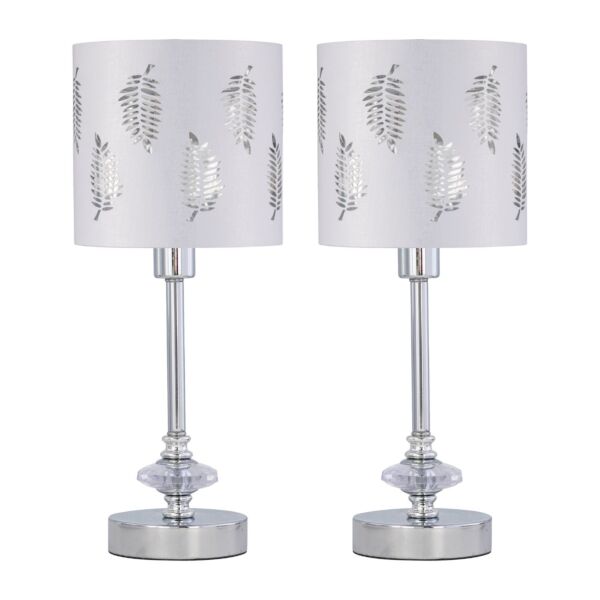 Set of 2 Chrome Jewelled Table Lamps with White Fern Shades