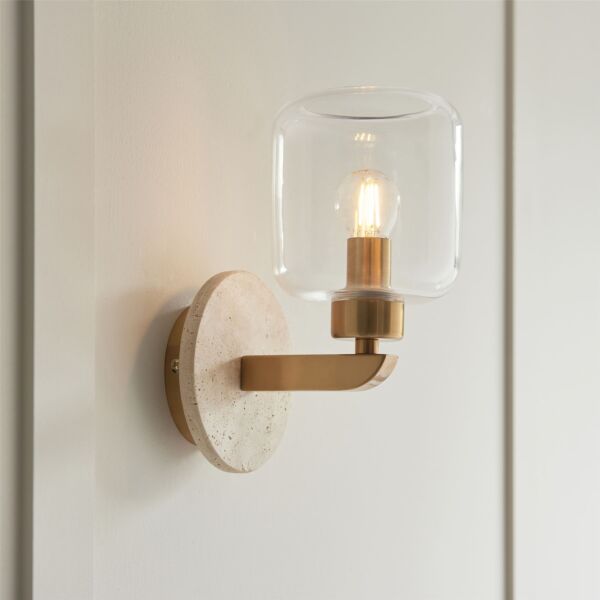 Endon Lighting - Travi - 120662 - Vintage Brass Travertine Stone Clear Glass Wall Light