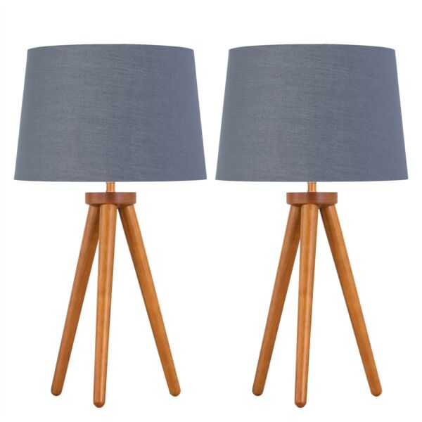 Set of 2 Dark Oak Table Lamp or Bedside Lights with Grey Gold Shades