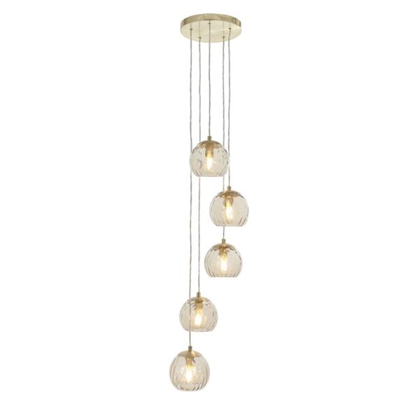 Endon Lighting - Dimple - 91972 - Satin Brass Clear Champagne Glass 5 Light Ceiling Pendant Light