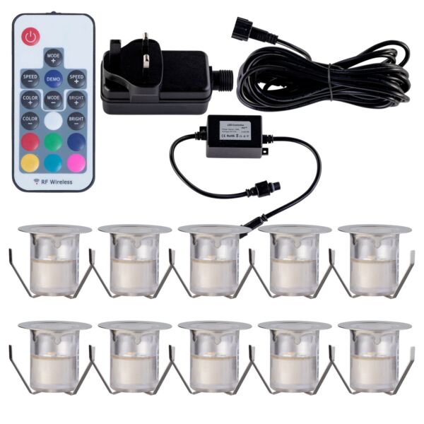 Set of 10 - 30mm Stainless Steel IP67 RGB Colour Changing LED Plinth Decking Kit