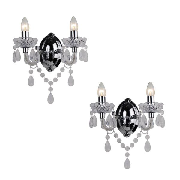 Set of 2 Clear Acrylic and Chrome Marie Therese Style 2 x 40W Wall Light