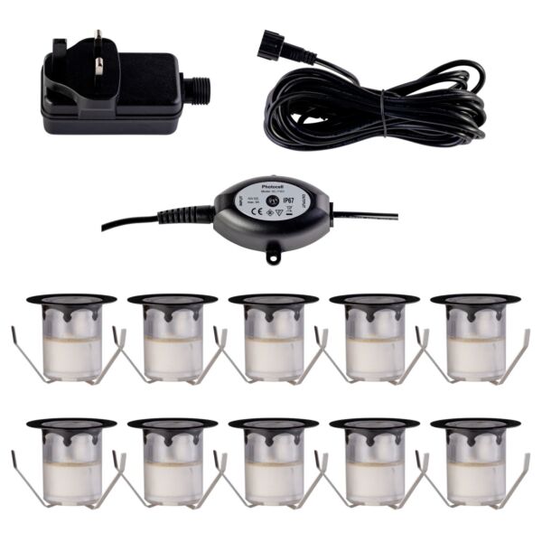 Set of 10 - 30mm Black IP67 Cool White LED Plinth Decking Kit with Dusk til Dawn Photocell Sensor