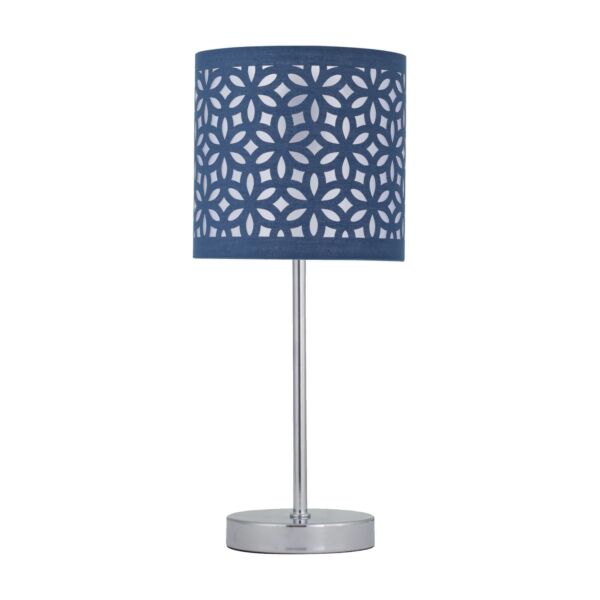 Chrome Stick Table Lamp with Navy Blue Laser Cut Shade