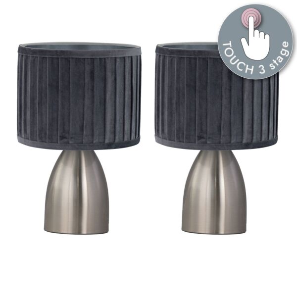 Set of 2 Valentina - Brushed Chrome Touch Lamps with Grey Pleated Velvet Shades