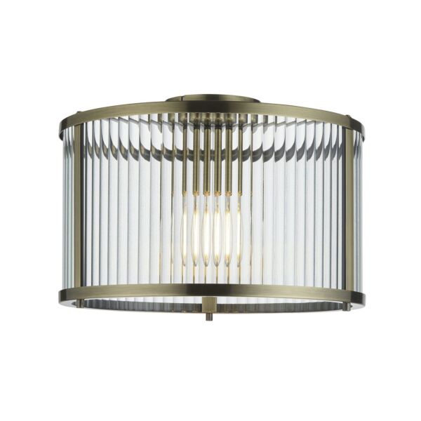 Endon Lighting - Ridgeton - 106265 - Antique Brass Clear Ribbed Glass Flush Ceiling Light