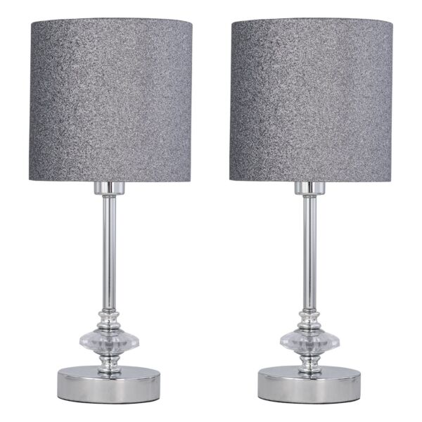 Set of 2 Chrome Jewelled Table Lamp with Silver Glitter Shades