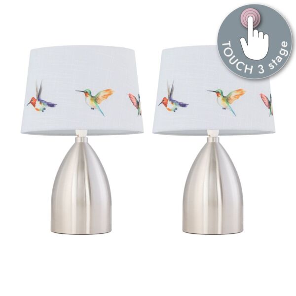 Set of 2 Valentina - Brushed Chrome Touch Lamps with Bird Print Shades