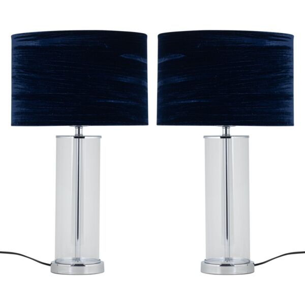 Set of 2 Aura - Chrome Table Lamps with Navy Crushed Velvet Shades