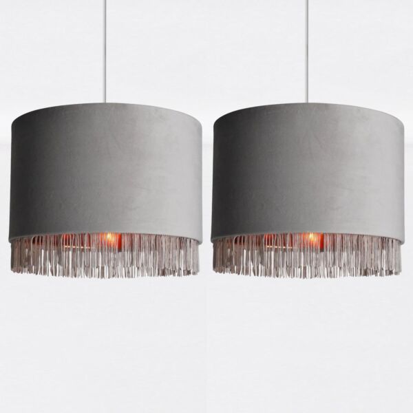 Set of 2 Grey Velvet With Copper Inner Tassled Light Shades