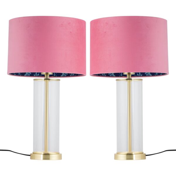 Set of 2 Aura - Satin Brass Lamps with Pink Velvet Flamingo Shades