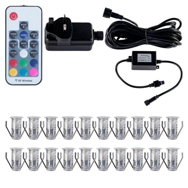 Set of 20 - 15mm Stainless Steel IP67 RGB Colour Changing LED Plinth Decking Kit