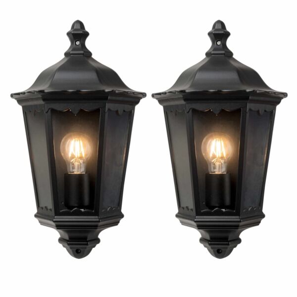 Set of 2 Sienna - Black with Clear Glass IP44 Outdoor Half Lantern Wall Lights