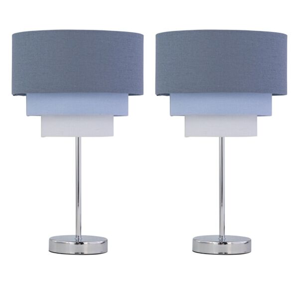 Set of 2 Chrome Stick Table Lamps with Tiered Blue Linen Shades