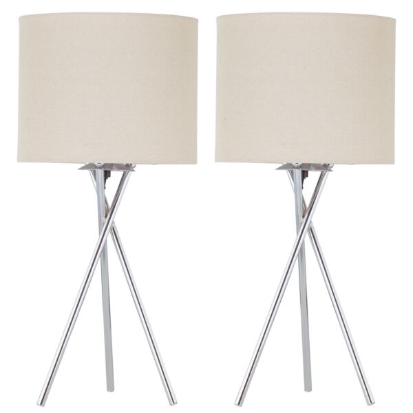 Set of 2 Tripod - Polished Chrome Lamps with Natural Linen Shade