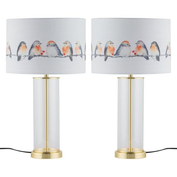 Set of 2 Aura - Satin Brass Lamps with Bird Print Linen Shades