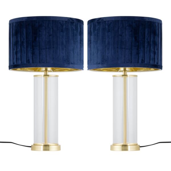 Set of 2 Aura - Satin Brass Lamps with Navy Blue Pleated Velvet Shades