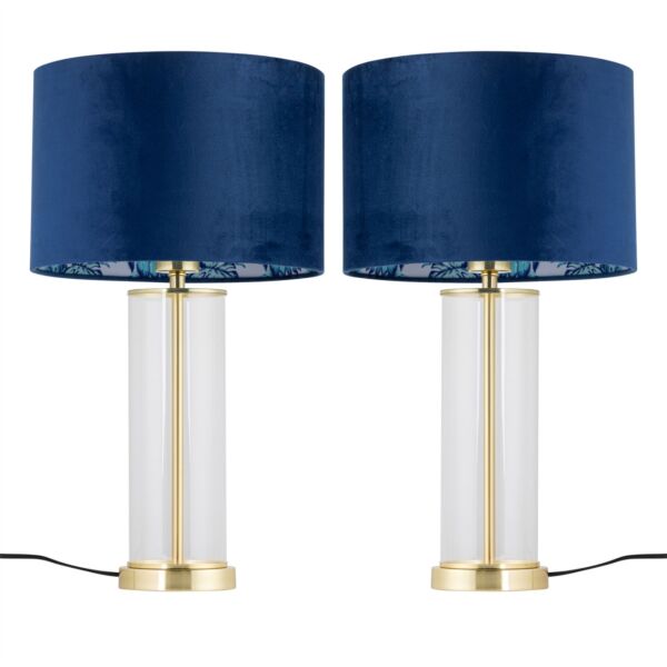 Set of 2 Aura - Satin Brass Lamps with Navy Velvet Parrot Shades