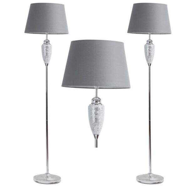 Pair of Mirrored Crackle Glass Floor Lamp with Grey Shades