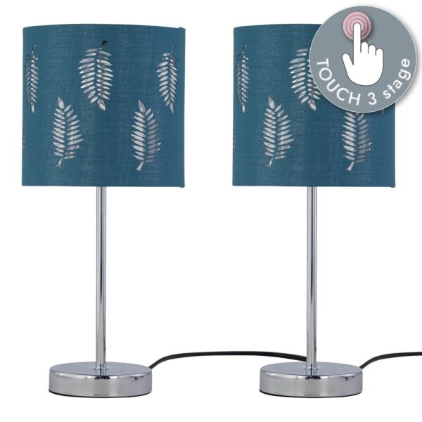 Set of 2 Chrome Touch Operated Table Lamps with Teal Fern Shades