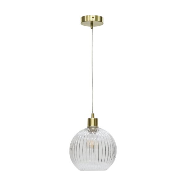 Betchley - Clear Ribbed Glass Globe with Satin Brass Pendant Fitting