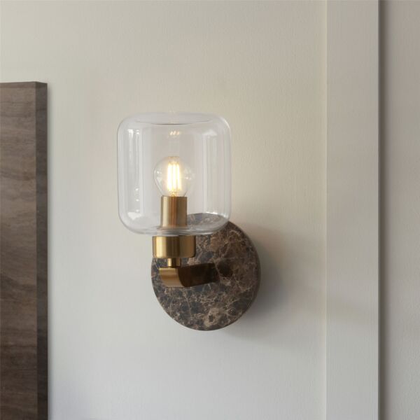 Endon Lighting - Travi - 120663 - Vintage Brass Brown Marble Clear Glass Wall Light