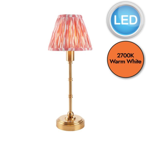 Endon Lighting - Burley Rechargeable & Ikat 16cm - 114798 - LED Aged Brass Pink Touch Table Lamp With Shade