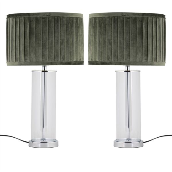 Set of 2 Aura - Chrome Table Lamps with Green Pleated Velvet Shades
