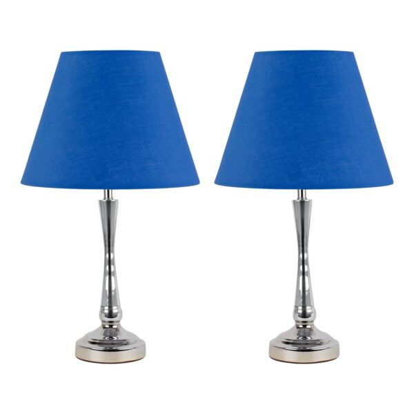 Set of 2 Chrome Table Lamps with Stem Detail and Royal Blue Shades