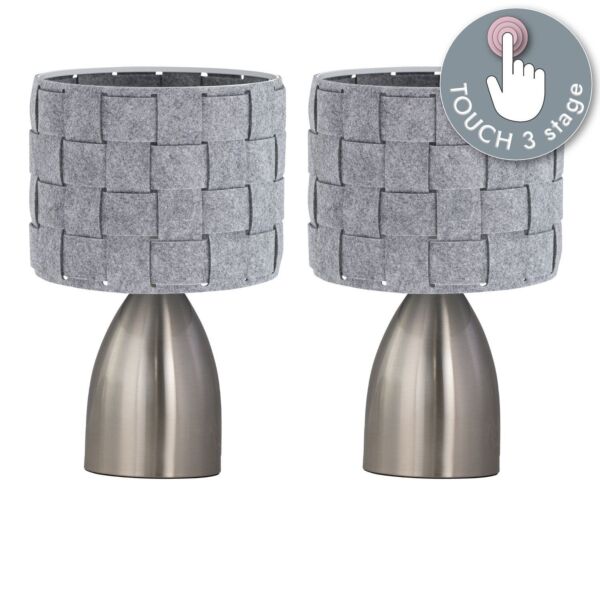 Set of 2 Valentina - Brushed Chrome Touch Lamps with Grey Felt Shades