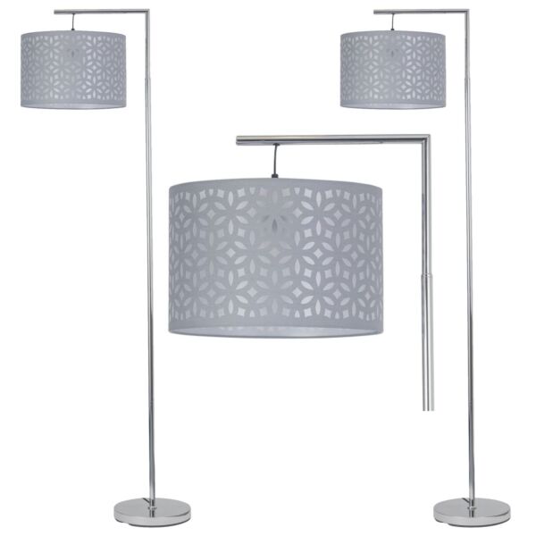 Set of 2 Chrome Angled Floor Lamps with Grey Laser Cut Shades