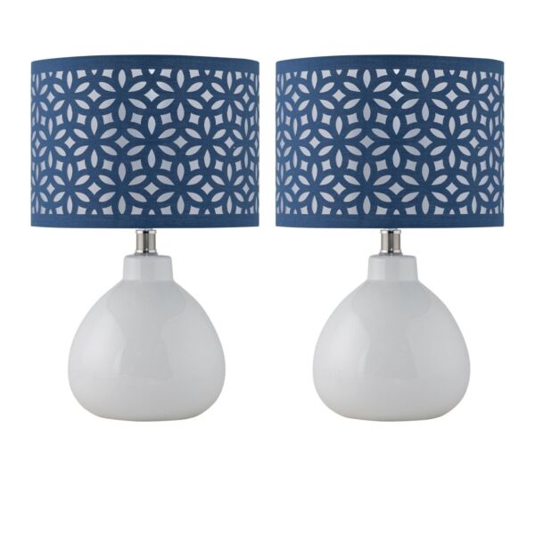 Set of 2 Tuscan - White Ceramic Lamps with Navy Blue Cut Out Shade