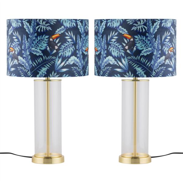 Set of 2 Aura - Satin Brass Lamps with Toucan Velvet Shades
