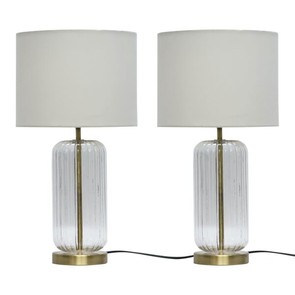 Set of 2 Walpole - Clear Fluted Glass and Antique Brass 49cm Table Lamps with Ivory Fabric Shade