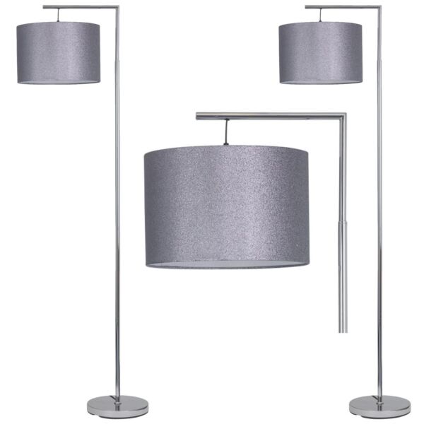 Set of 2 Chrome Angled Floor Lamps with Grey Glitter Shades