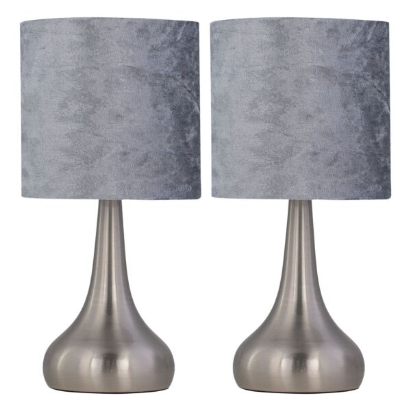 Set of 2 Romana - Brushed Chrome Touch Operated Table Lamps Bedside Lights Grey Crushed Velvet Shade