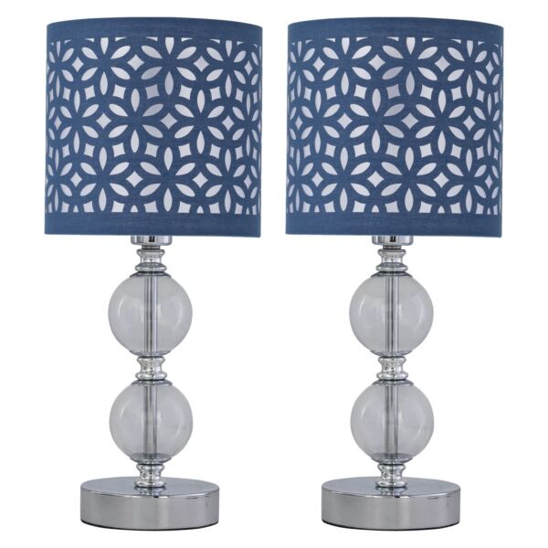 Set of 2 Chrome Two Ball Table Lamps with Navy Blue Cut Out Shades