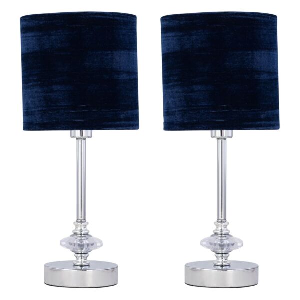 Set of 2 Chrome Jewelled Table Lamp with Navy Blue Crushed Velvet Shades