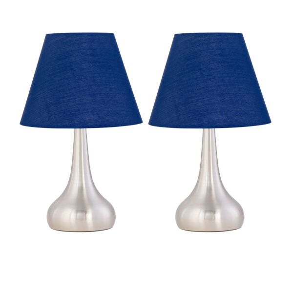 Set of 2 Romana - Brushed Chrome Touch Lamps with Navy Blue Shades