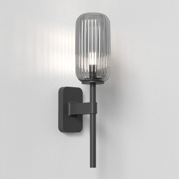 Astro Lighting - Tacoma Single 1429004 & 5036010 - IP44 Matt Black Wall Light with Smoked Ribbed Reed Glass Shade