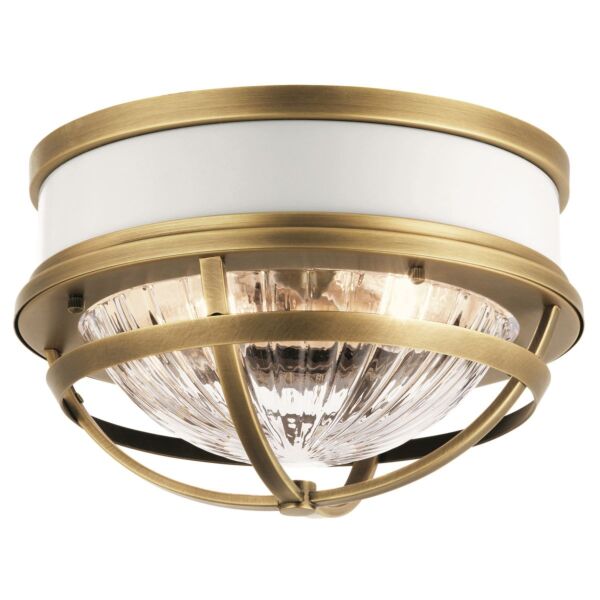 Quintiesse - Tollis - QN-TOLLIS-F-NBR - Natural Brass White Clear Ribbed Glass 2 Light Flush Ceiling Light