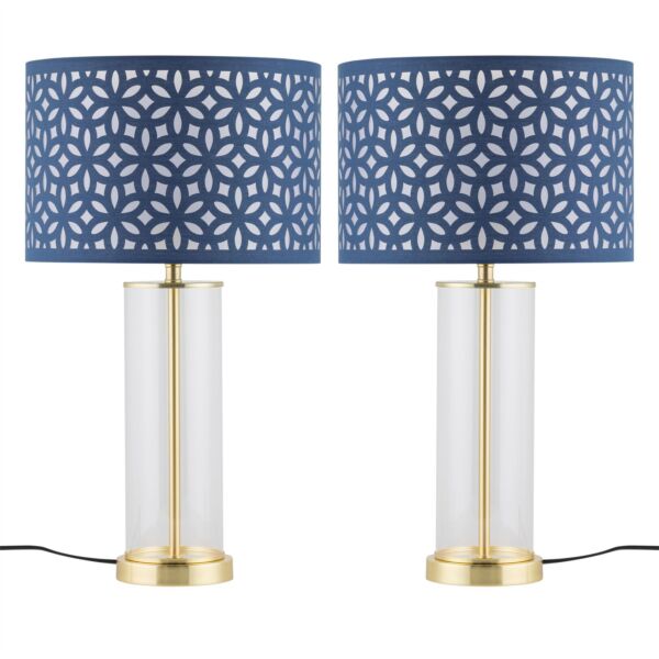 Set of 2 Aura - Satin Brass Lamps with Navy Blue Cut Out Shades