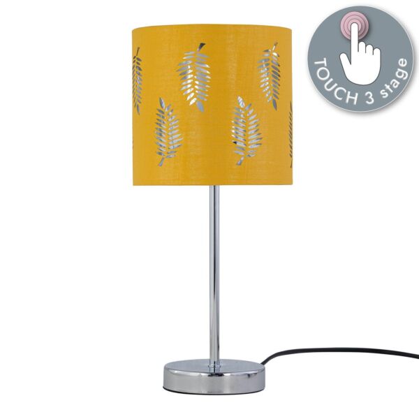 Chrome Touch Operated Table Lamp with Ochre Mustard Fern Shade